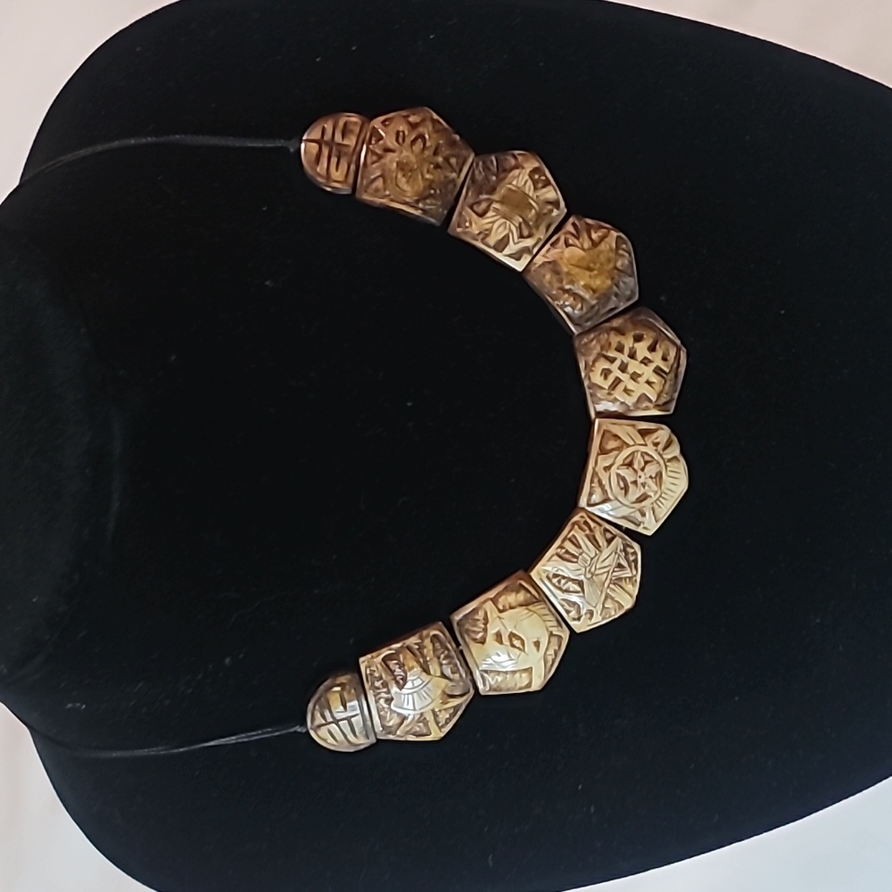Tibet Yak Bone Carved Lucky Eight Babao Amulet Choker Necklace 